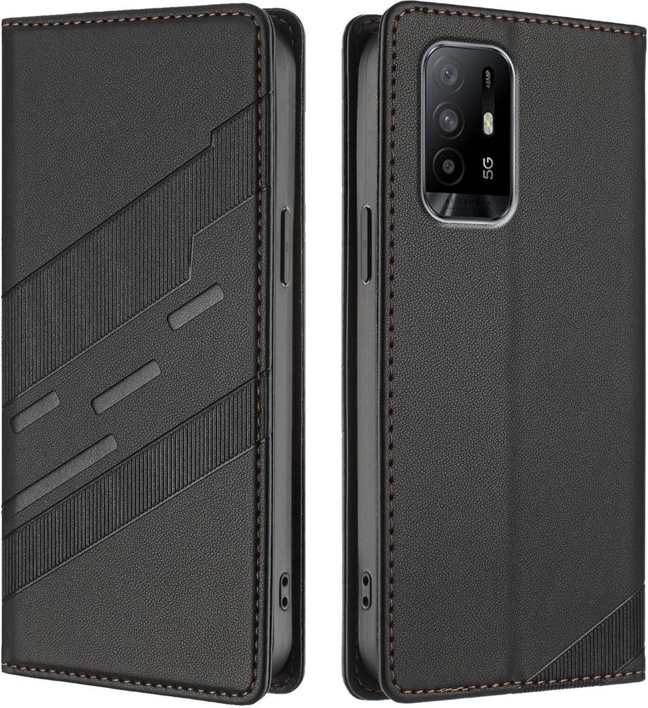 Hülle für Oppo A74 4G/A95 4G, Kunstleder Brieftaschen Handyhülle mit Kartenfach und Standfunktion Schwarz