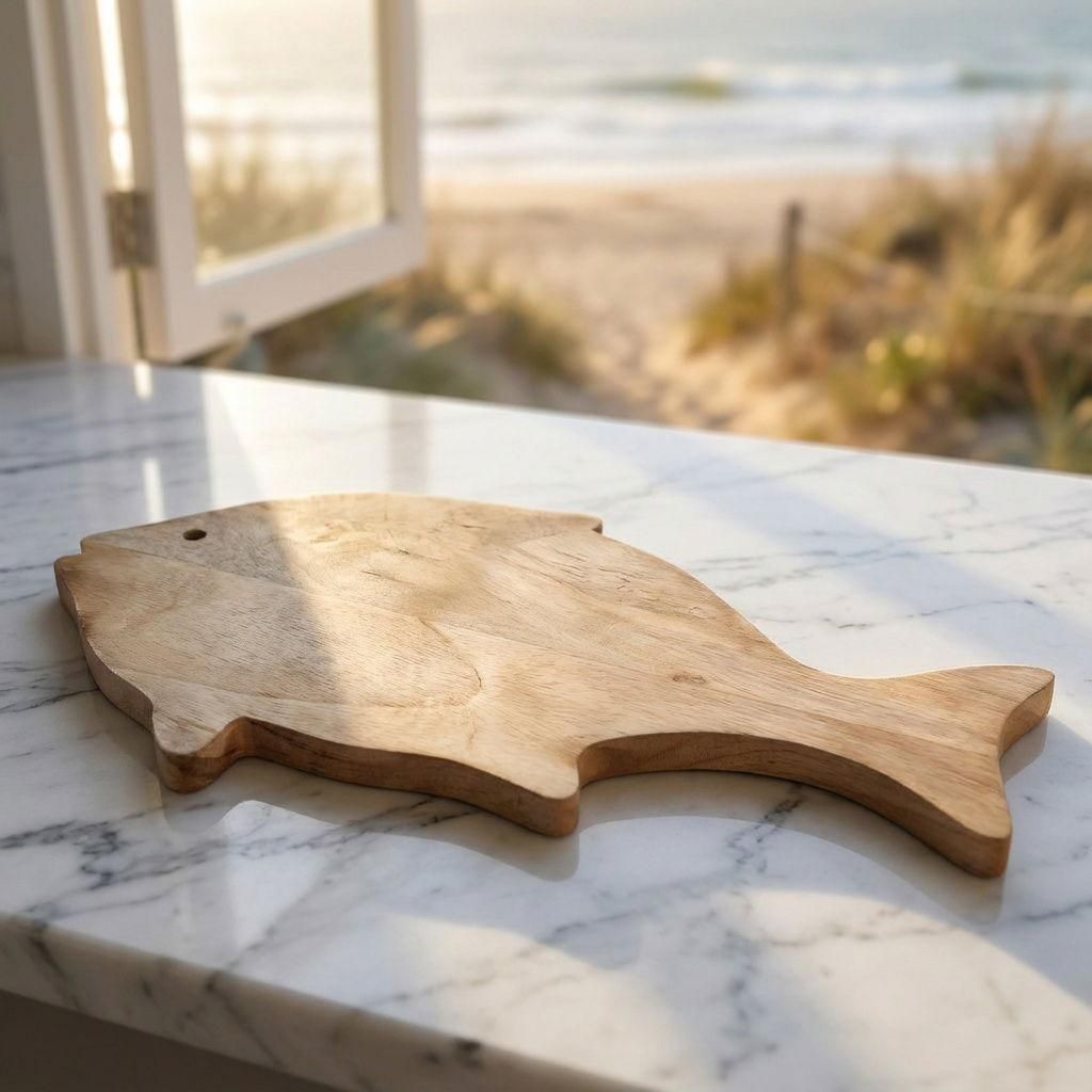 Schneidebrett Holz Fischform natur, unbehandelt, Mango, hochwertig, L.38 cm