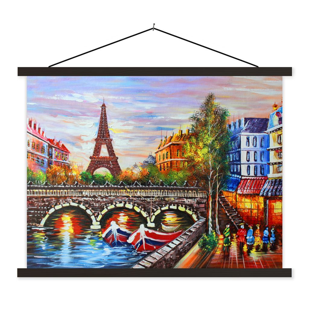 MuchoWow Textilposter Gemälde - Öl - Eiffelturm - Paris - Wasser 60x45 cm mit schwarzem Rahmen - Poster Schlafzimmer