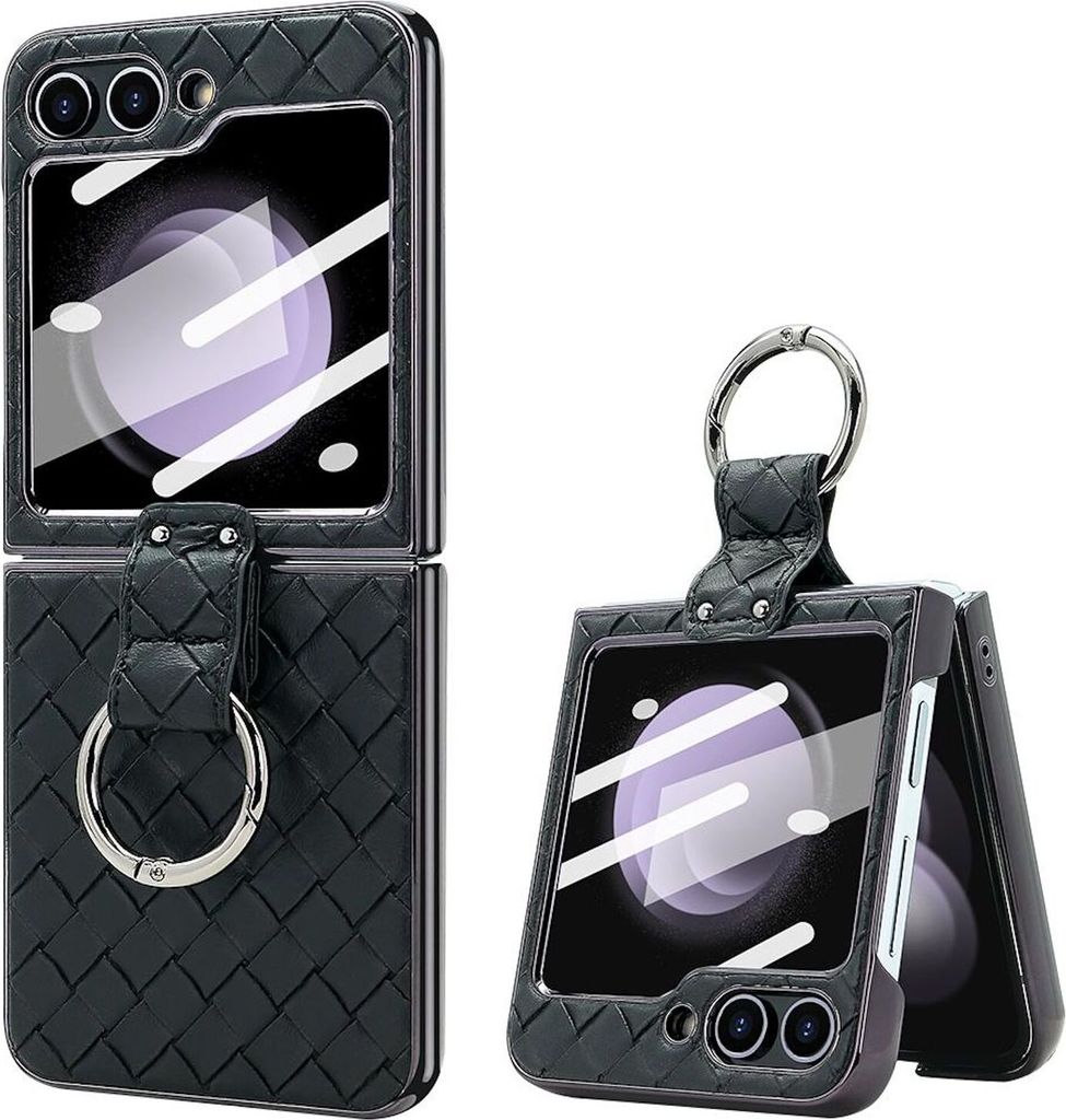 Für Samsung Galaxy Z Flip7 FE / Flip6 5G Design Gewebte Kunstleder Metall Ring
