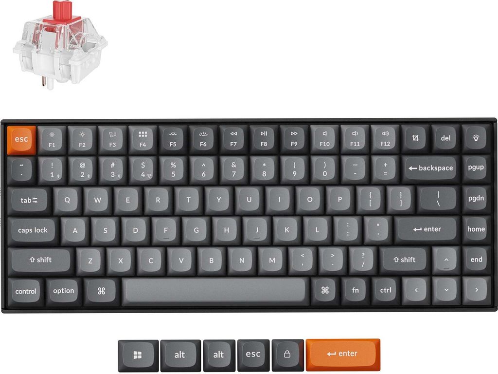 A mechanical keyboard and a keyboard switch are shown against a white background.