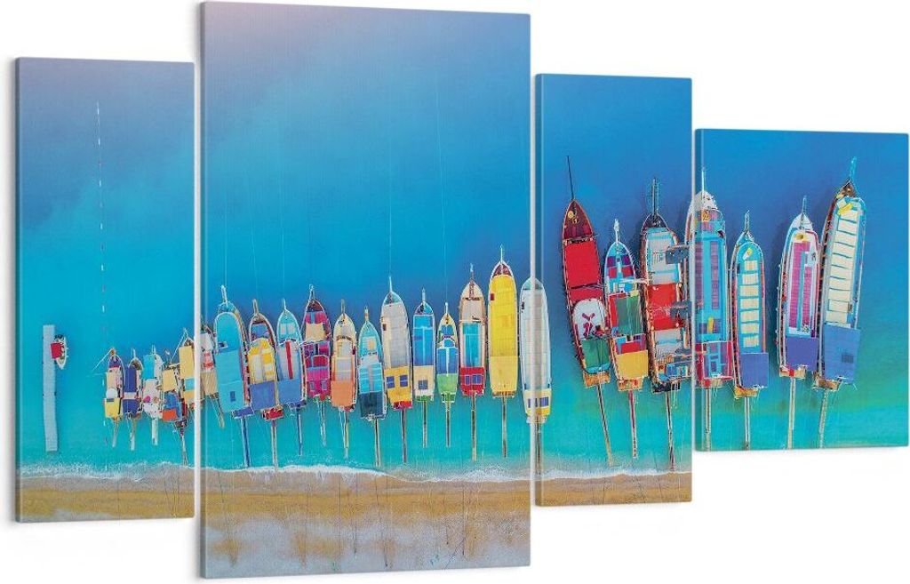 Bild auf Leinwand - Leinwandbild - 4 Teile - Schiffe Strand Perspektive - 120x70cm - Wand Bild - Wanddeko - Wandbilder - Leinwanddruck - Bilder - W...