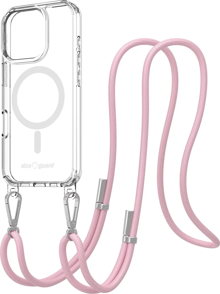 Coque iPhone 16 Pro rose MagSafe AlzaGuard pour un port en bandoulière