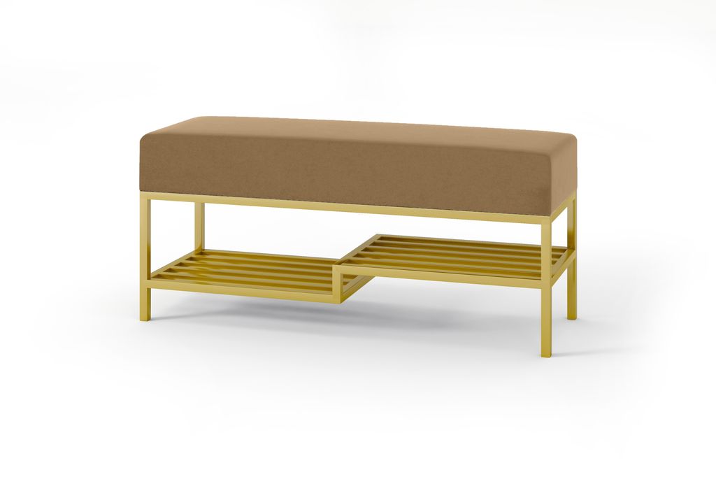 BETTSO Gepolsterte dunkelbeige Sitzbank mit Regal auf goldenem Rahmen MELLO 100 für Wohnzimmer