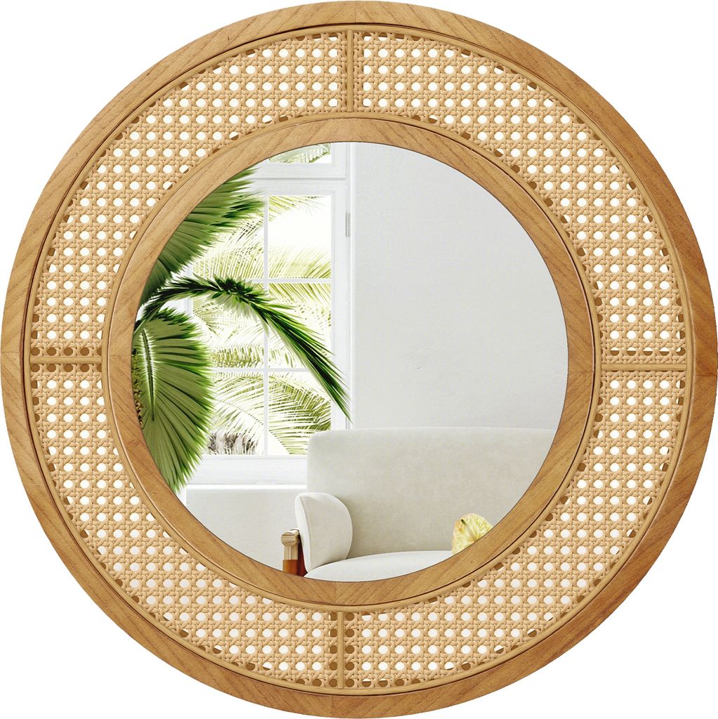 A round mirror with a rattan frame and a wooden border, reflecting a room with a palm tree and a sofa.