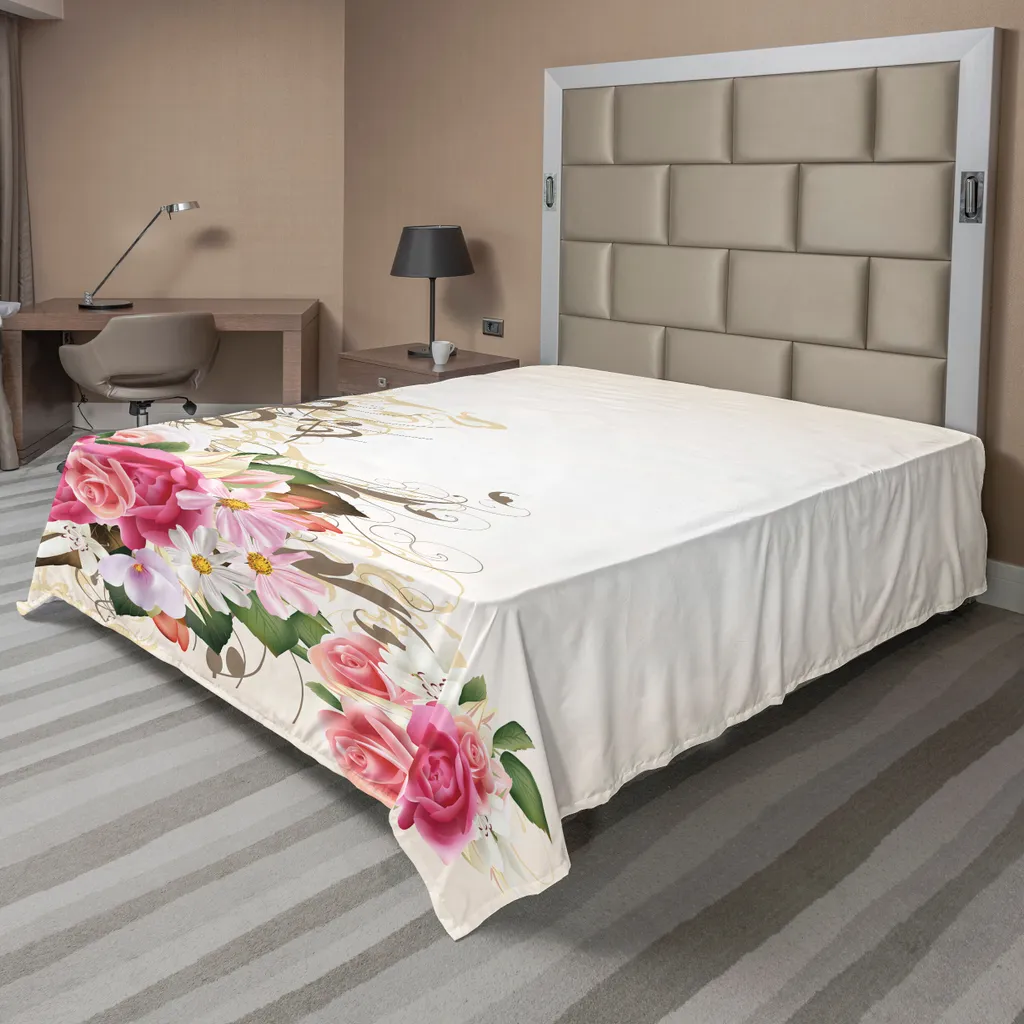 ABAKUHAUS Lenzuolo con fiori, composizione illustrata di fiori primaverili e note musicali, lenzuolo superiore morbido e confortevole per un letto decorativo 1 pezzo 244 cm x 205 cm, multicolore guscio d'uovo