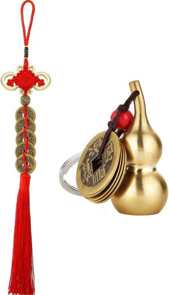 Gelukspoppetjes für Gesundheit und Reichtum - 2 Stück - Gelukspoppetjes mit chinesischen Münzen und bronzenen Wu Lou - Glücksbringer mit Rotem ...