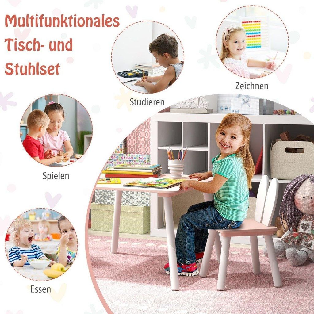Kindertisch mit 2 Stühlen 3 TLG. Kindersitzgruppe mit Massivholzbeine Rosa
