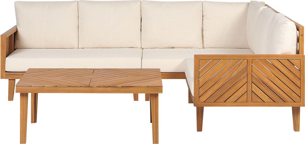 BELIANI Lounge Set Hellbraun Akazienholz 4-teilig für 4 Personen mit Auflagen Hellbeige Stoff Couchtisch Ecksofa Outdoor Garten Terrasse Ausstattung