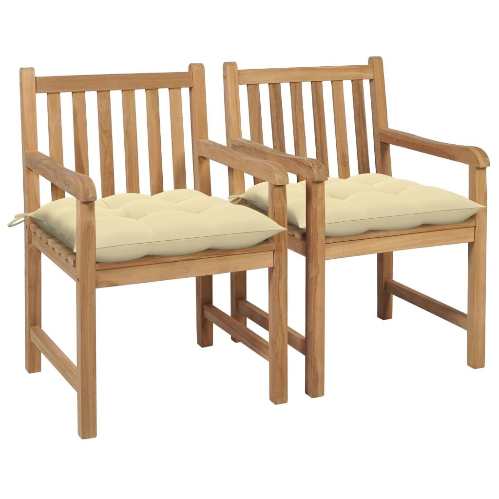 Gartenstühle 2 Stk. mit Cremeweißen Kissen Massivholz Teak