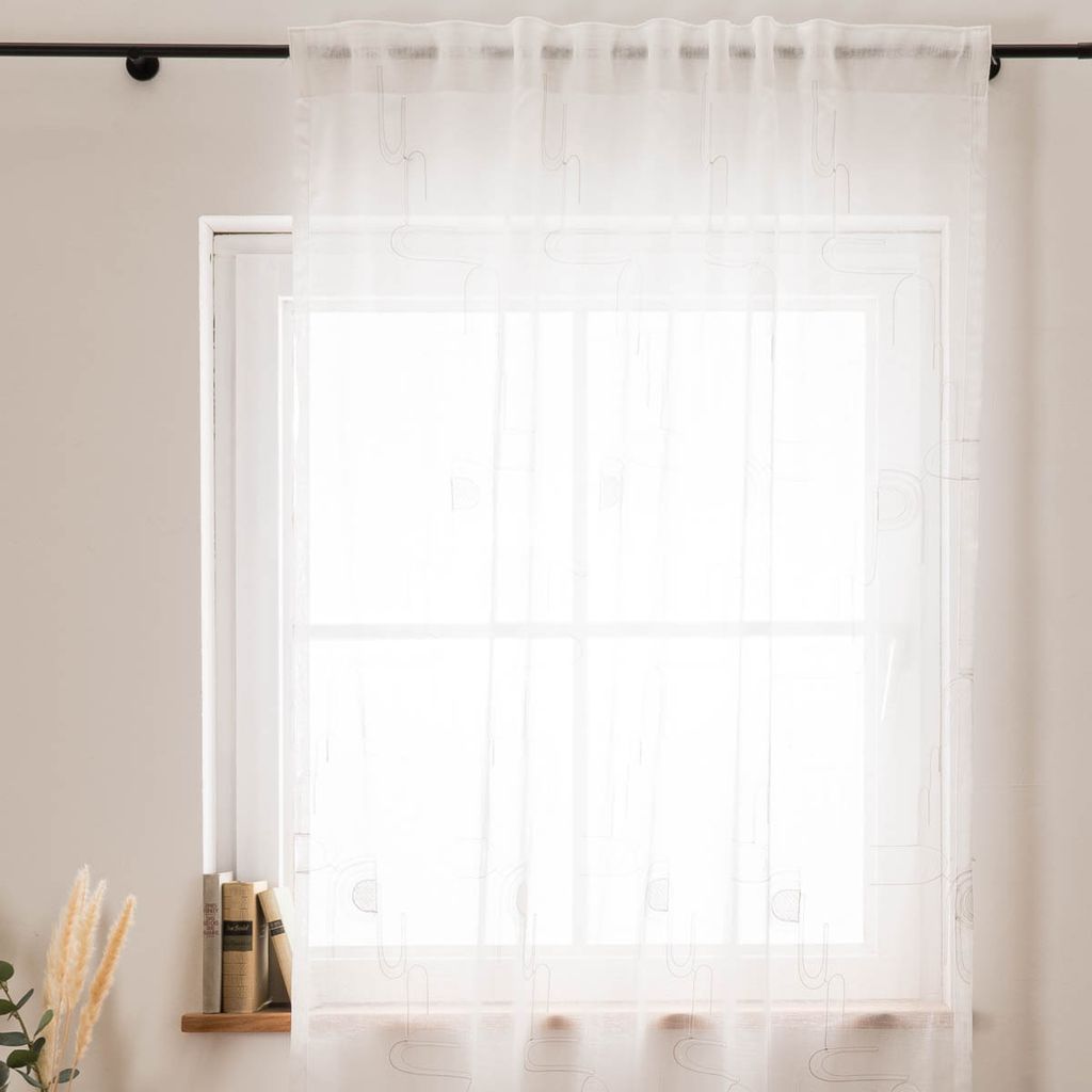 Gardine Stickerei Art Decò wollweiß grau mit Smok-Schlaufenband 245cm (H) x 140cm (B) Größe