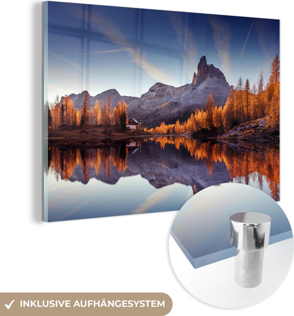 MuchoWow Glasbilder - Bilder auf Wandbild - Foto auf Glas Berge - Bäume - Herbst - See - Natur 60x40 cm Wanddekoration aus Glas - Acrylglasbild - ...