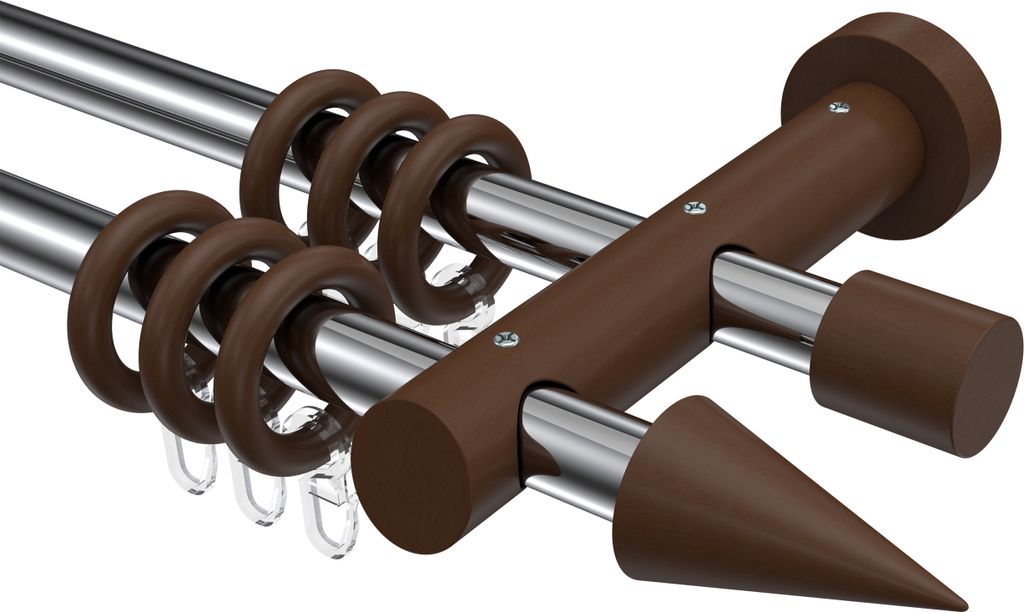 Interdeco Gardinenstange / Vorhangstange Chrom / Nussbaum lackiert, Typ Talena Siveo (Kegel), 20 mm Ø 2-läufig, 520 cm