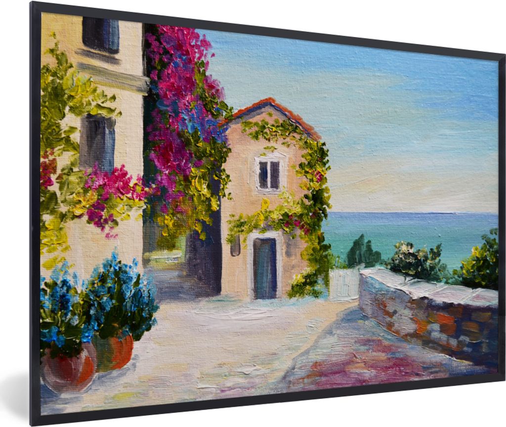 MuchoWow Gerahmtes Poster Malerei - Haus - Ölfarbe - Dorf 90x60 cm - Poster mit Schwarzem Bilderrahmen Wandposter Rahmen Foto Bilder - Fotorahme...