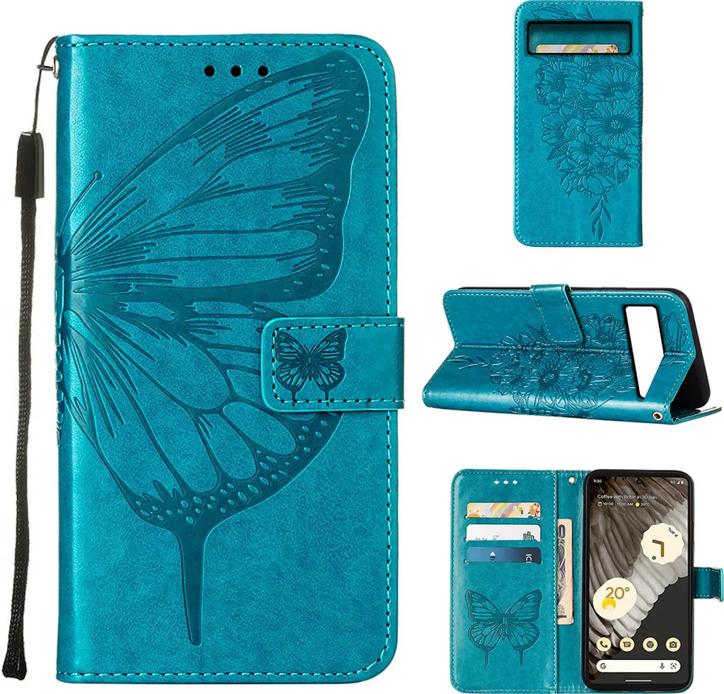 Custodia Google Pixel 8 Pro Blu Farfalla in Rilievo - Flip Cover Pelle