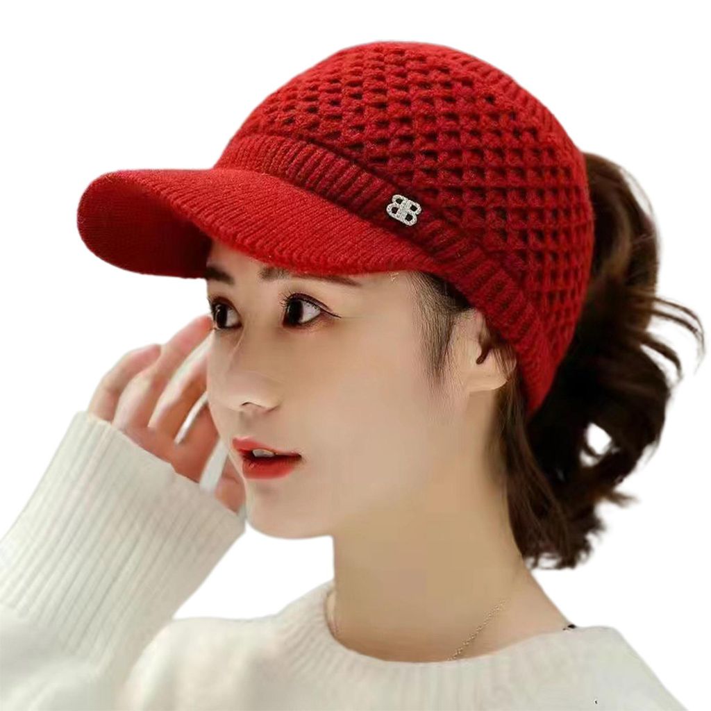 Strickmütze mit offenem Oberteil, Plüschfutter, lässig, mit Schirm, dehnbar, warmhaltend, einfarbig, Herbst/Winter, Damen-Sportmütze für Outdo...