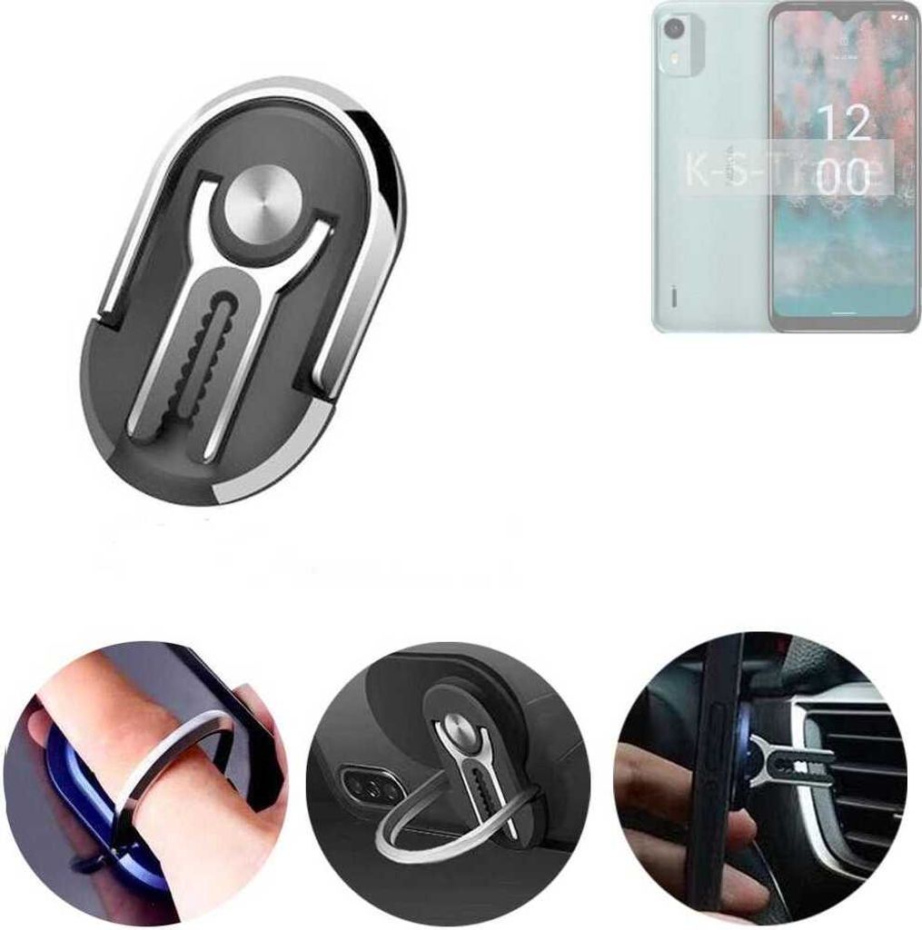 K-S-Trade 3in1 Smartphone-Ring Handy-Ring kompatibel mit Nokia C12 Pro Fingerhalterung Handyring Tischständer Lüftungsgitter-Halterung Tisch