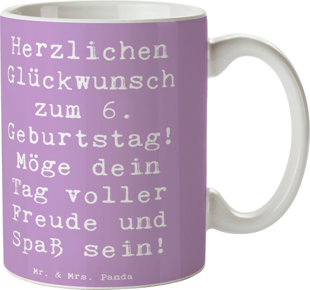 Mr. & Mrs. Panda Tasse mit Motiv Spruch 6. Geburtstag Freude - Lavendeltraum - Geschenk, Überraschung, Feiern, Geburtstagsgeschenk, Happy Birthday...