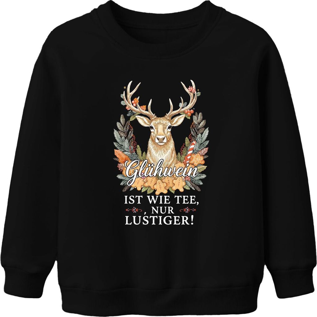 Glühwein ist wie Tee nur viel lustiger Weihnachten Retro Hirsch Uni Kinder Sweatshirt Pullover, Schwarz, 104