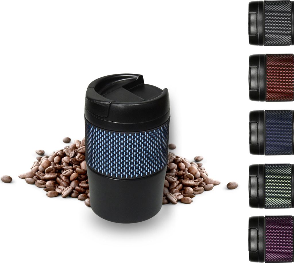 Thermobecher 'Temptation' klein - Kaffeebecher to go doppelwandig - Edelstahl Vakuumbecher mit Manschette - 300ml to go Becher - schwarz/hellblau
