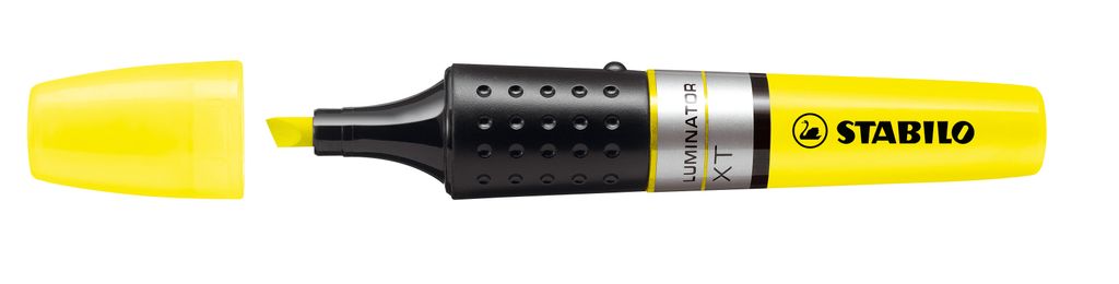 A yellow Stabilo Luminator highlighter with its cap off, lying on a white background.