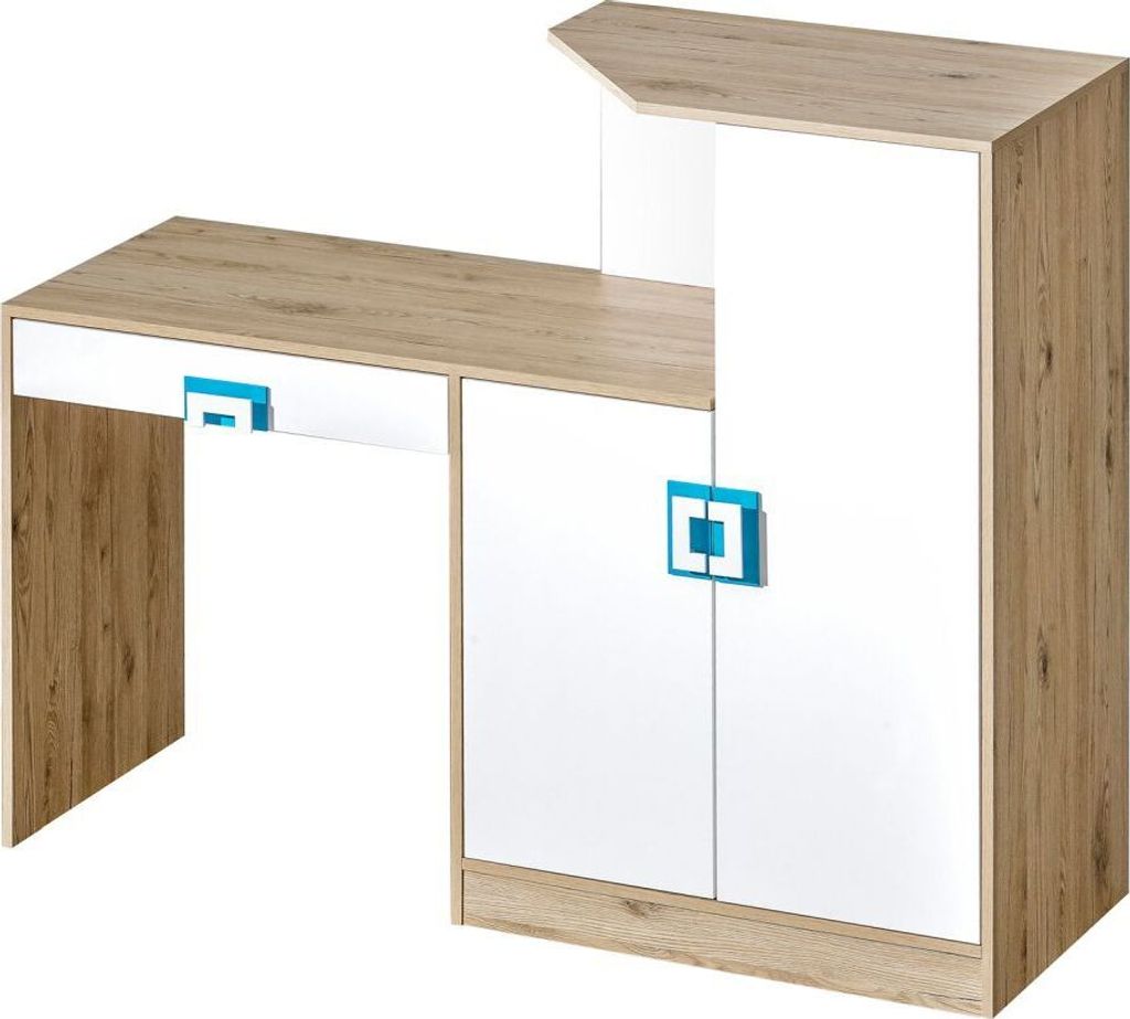 Kinderzimmer - Schreibtisch Fabian 11, Farbe: Eiche Hellbraun / Weiß / Blau - 120 x 150 x 50 cm (H x B x T)