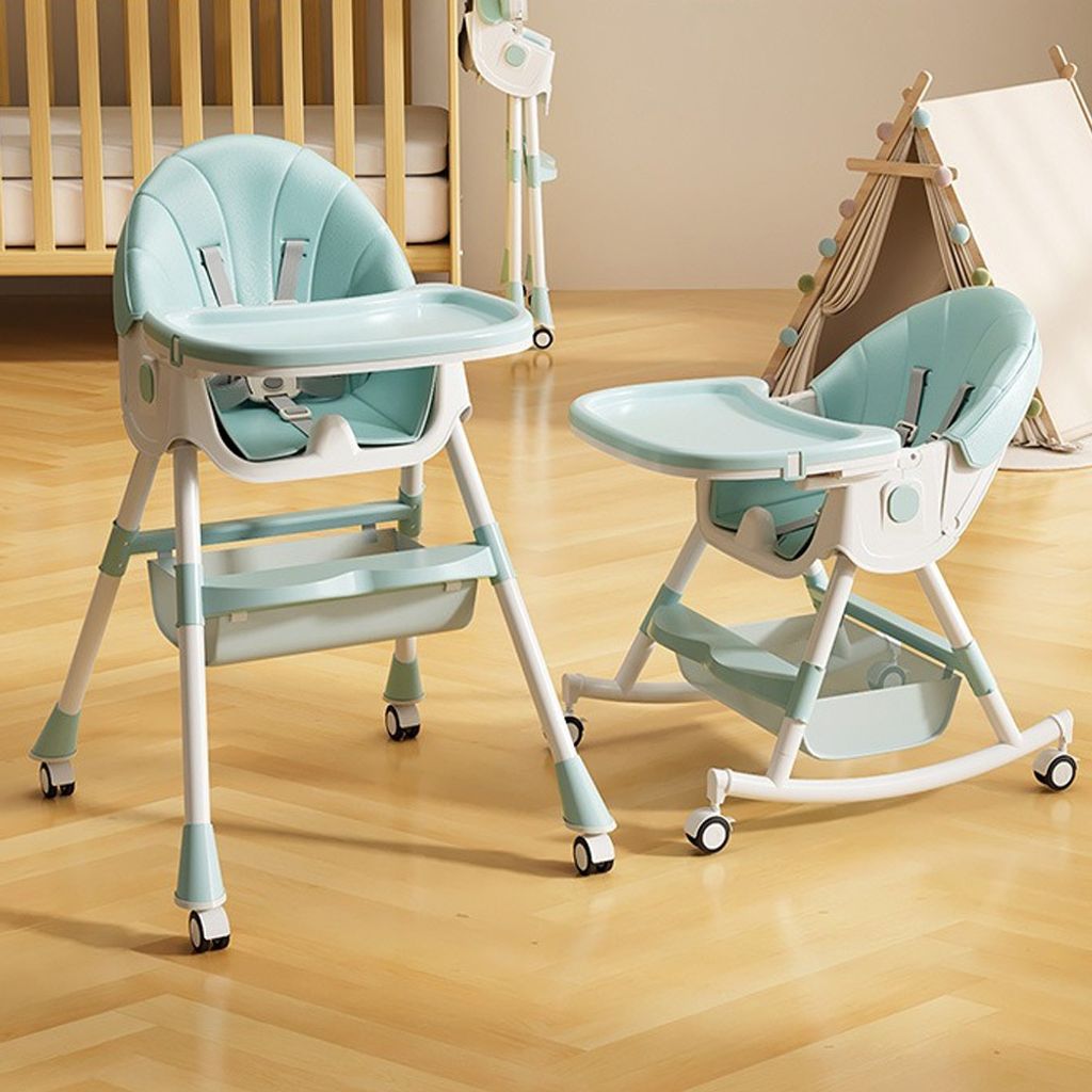 6 in1 Kinderhochstuhl mit Babyliege und Baby Schaukelstuhl, Verstellbar Klappbar Hochstuhl mit Essbrett und Rollen,Korb Blau