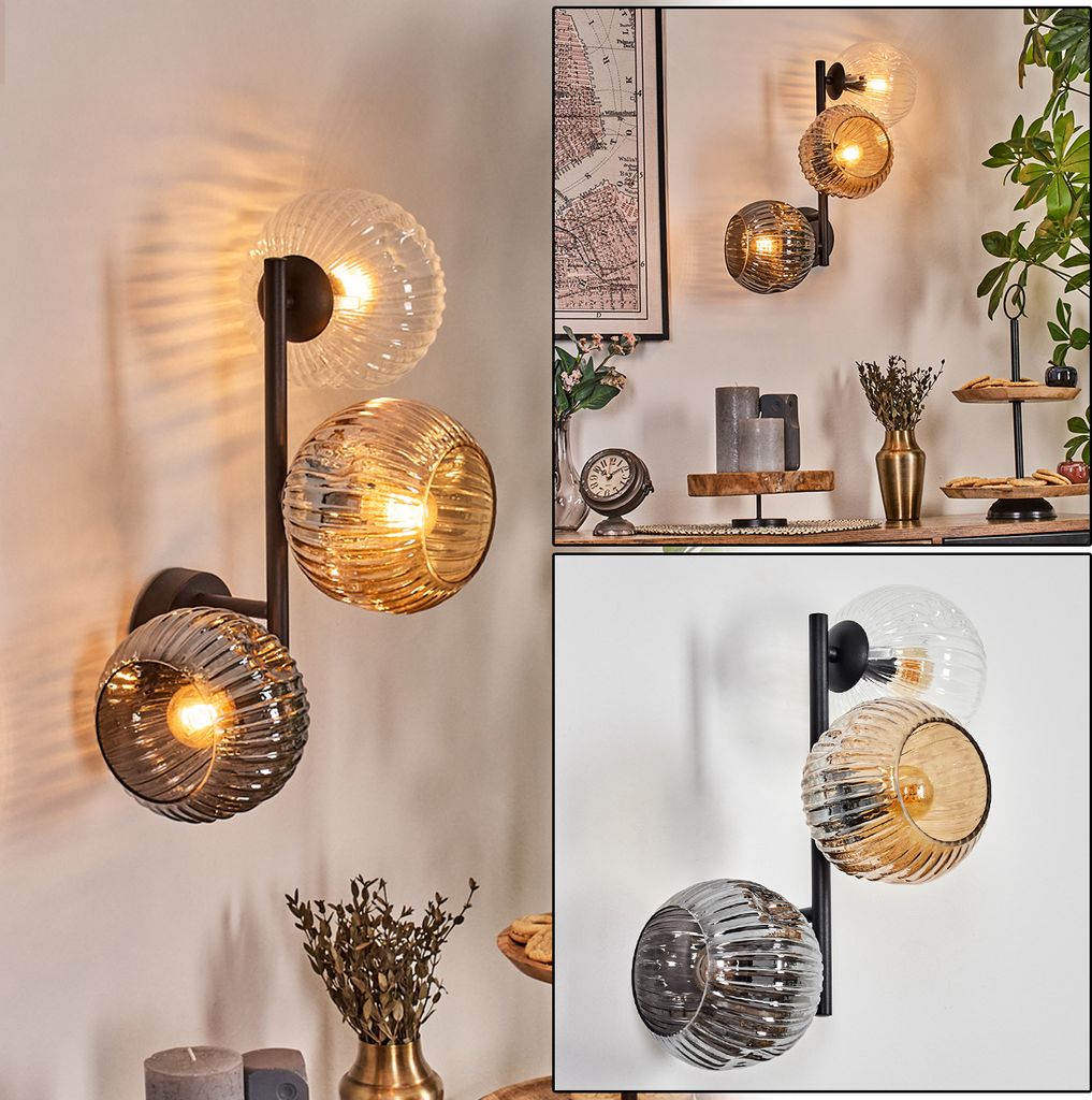 Villamare Wandlampe aus Metall/Riffelglas in Schwarz/Rauch-/Bernsteinfarben/Klar