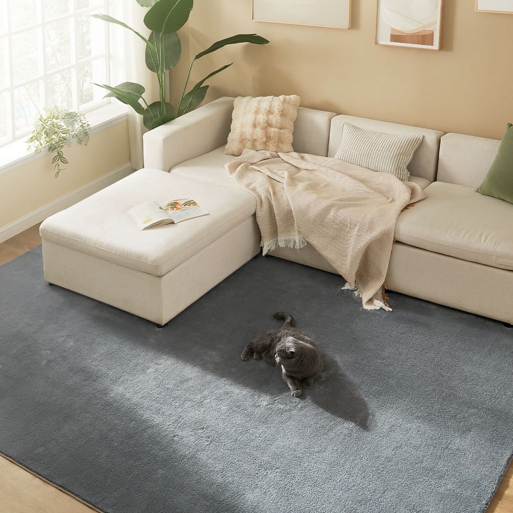 A living room scene with a sectional sofa, a rug, and a cat.