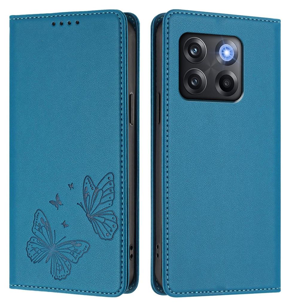 Lederhülle für OnePlus 10T, Schmetterling Prägung Leder Brieftasche Schutzhülle mit Ständer Blau