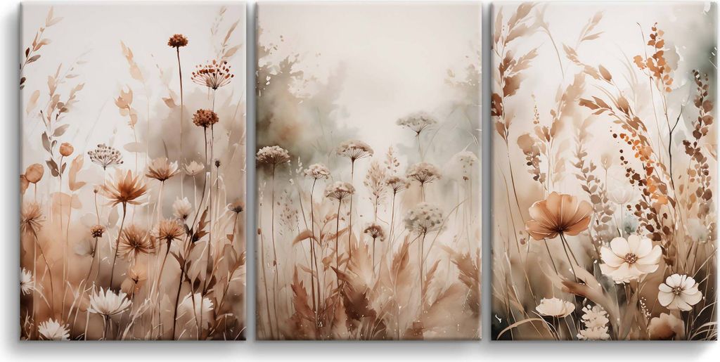 Leinwandbilder, Boho Blumenbild, Großes Triptychon Produktbild 