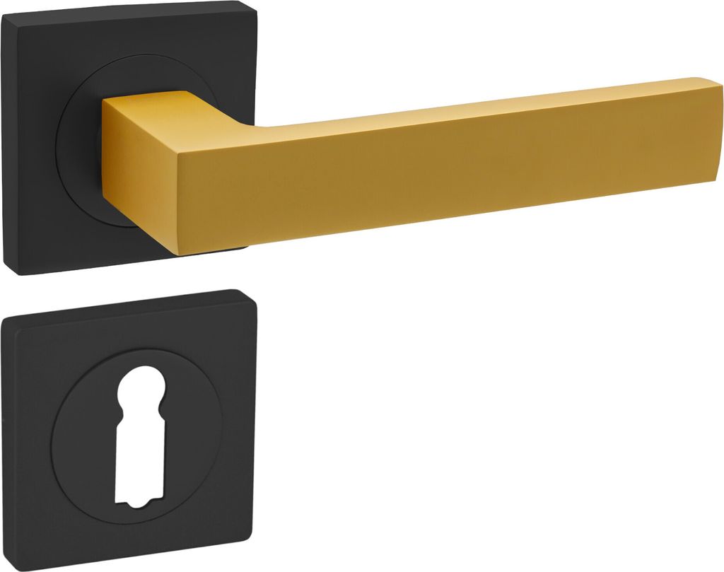 A door handle set with a black square base and a gold lever, and a separate black square keyhole escutcheon.