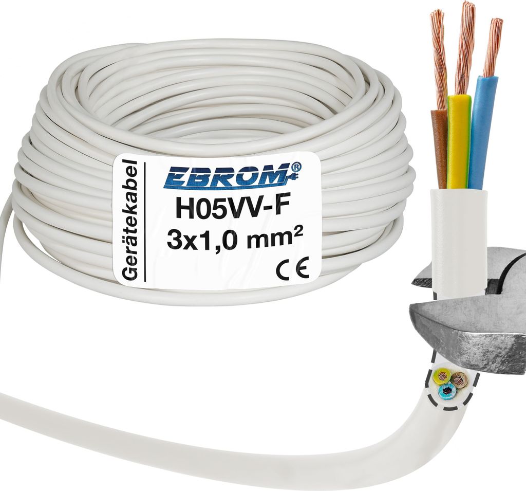 EBROM - 10 Meter Kunststoff Schlauchleitung rund LED Kabel Leitung Gerätekabel H05VV-F 3x1 mm2 - Farbe: WEIß