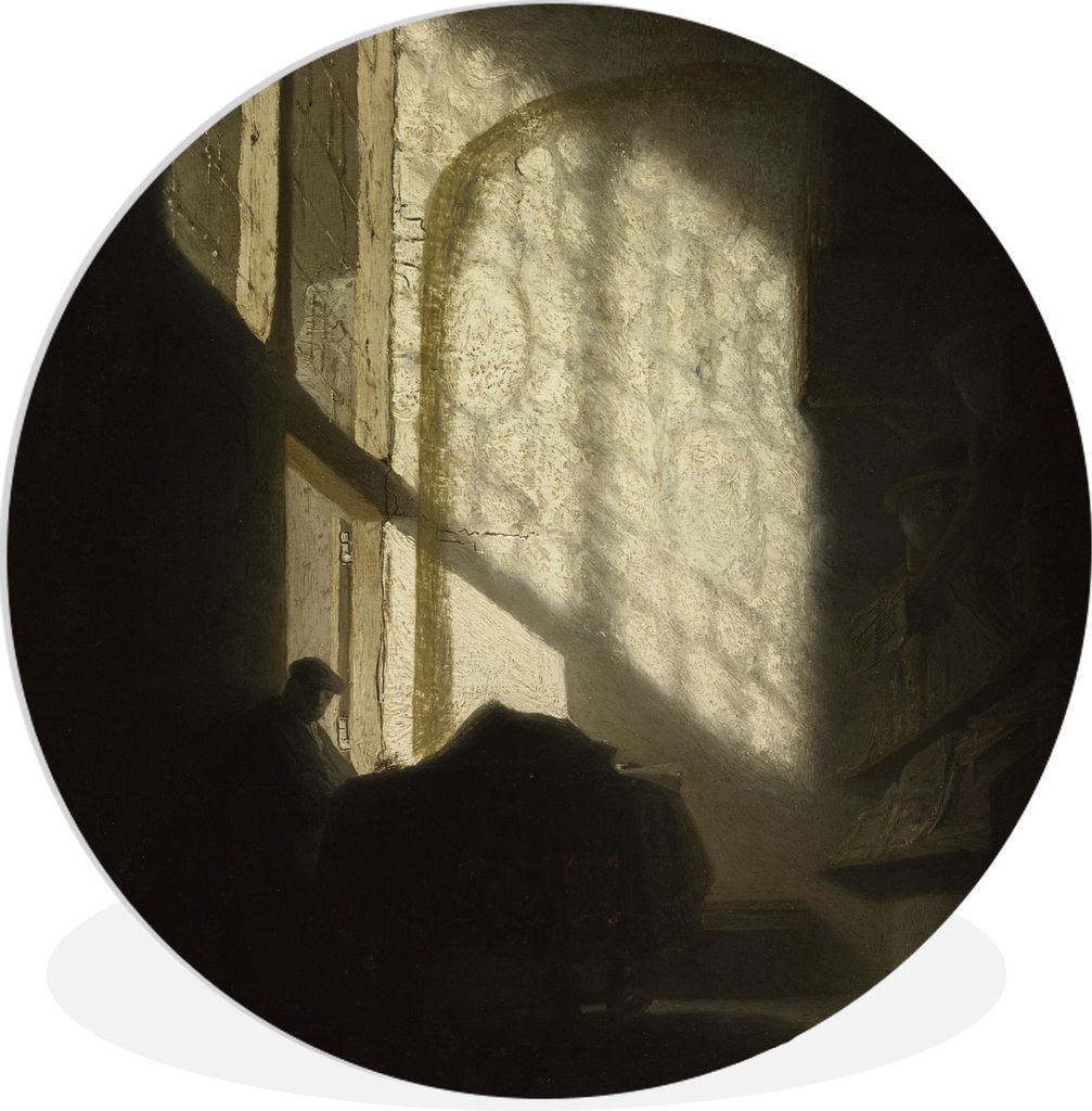 MuchoWow Rundes Wandbild - Runde Bilder Ein Mann, der in einem hohen Zimmer liest - Gemälde von Rembrandt van Rijn Ø 30 cm Kreis Wanddekoration...