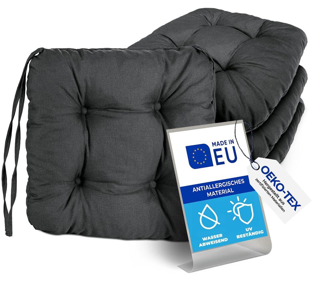 Pillows24 – 8x Sitzkissen Outdoor 40x40 – Extra dicke 8cm – wasser- & UV-beständig + Bändern | Bequeme Stuhlkissen für Gartenstuhl (Graphit)