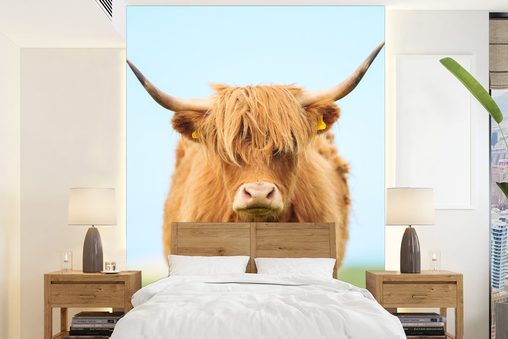 MuchoWow Fototapete für Wohnzimmer oder Schlafzimmer Wandtapete Vinyl Motivtapete Schottischer Highlander - Haare - Gras - 175x240 cm - Schlafzi...