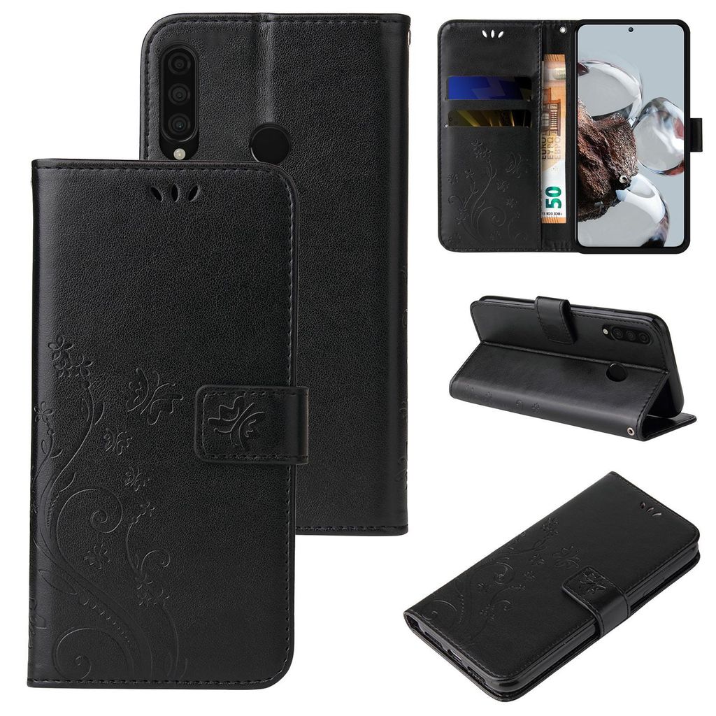 Handyhülle für Huawei P30 Lite Floral Blumen Schmetterling Flip Cover Hülle Case Klapphülle Handytasche Farbe: Schwarz