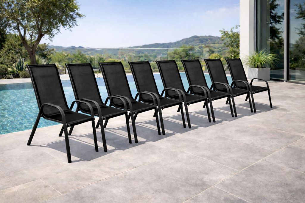 8 Stück Garten Stapelstuhl Farbe Anthrazit - Schwarz Metall - Textil