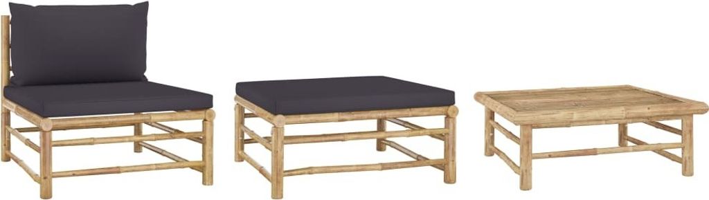 The Living Store 3-tlg. Garten-Lounge-Set mit Dunkelgrauen Kissen Bambus