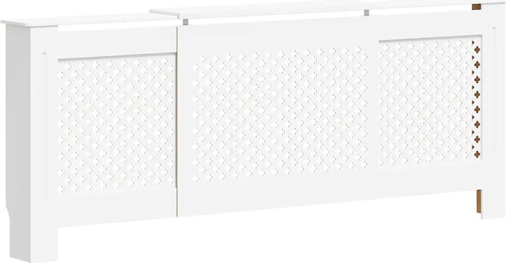 A white radiator cover with a decorative patterned front.