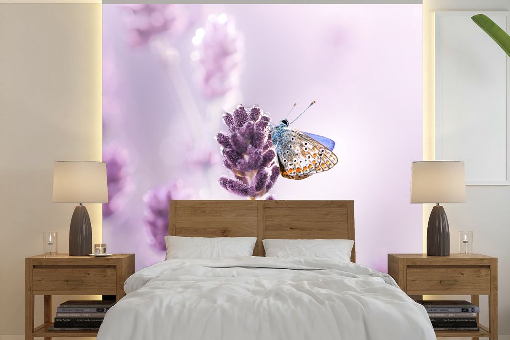 MuchoWow Fototapete für Wohnzimmer oder Schlafzimmer Wandtapete Vinyl Motivtapete Lavendel - Schmetterling - Nahaufnahme - Lila - 280x280 cm - H...