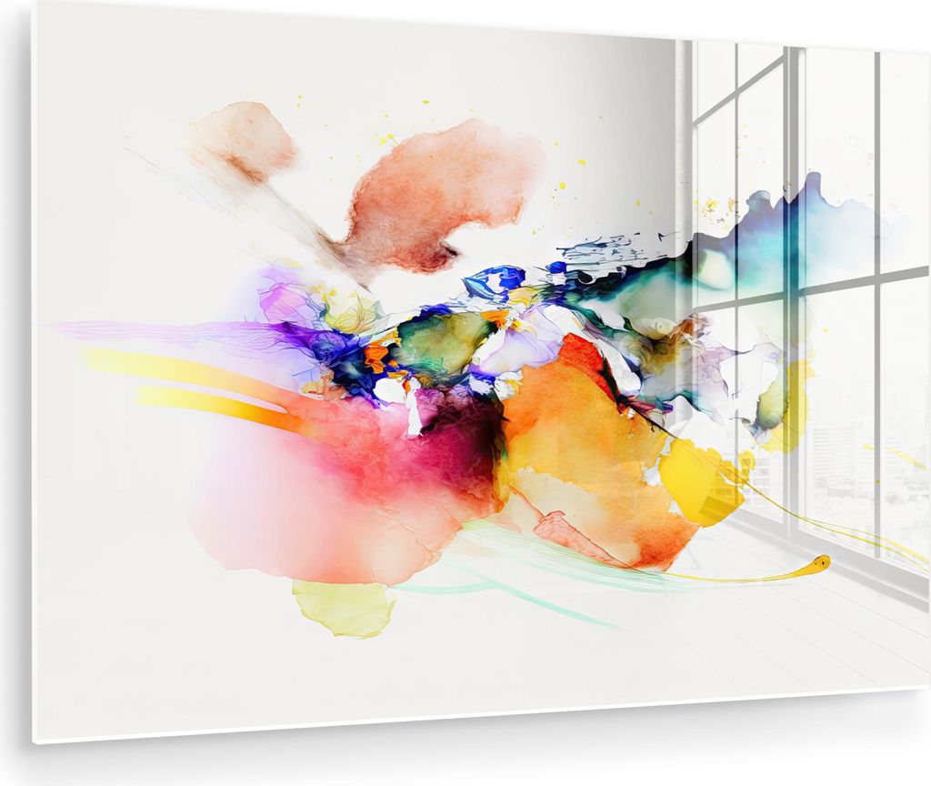MuchoWow Glasbilder - Bilder auf Wandbild - Foto auf Glas Aquarell - Regenbogen - Abstrakt - Kunst 90x60 cm Wanddekoration aus Glas - Acrylglasbild...
