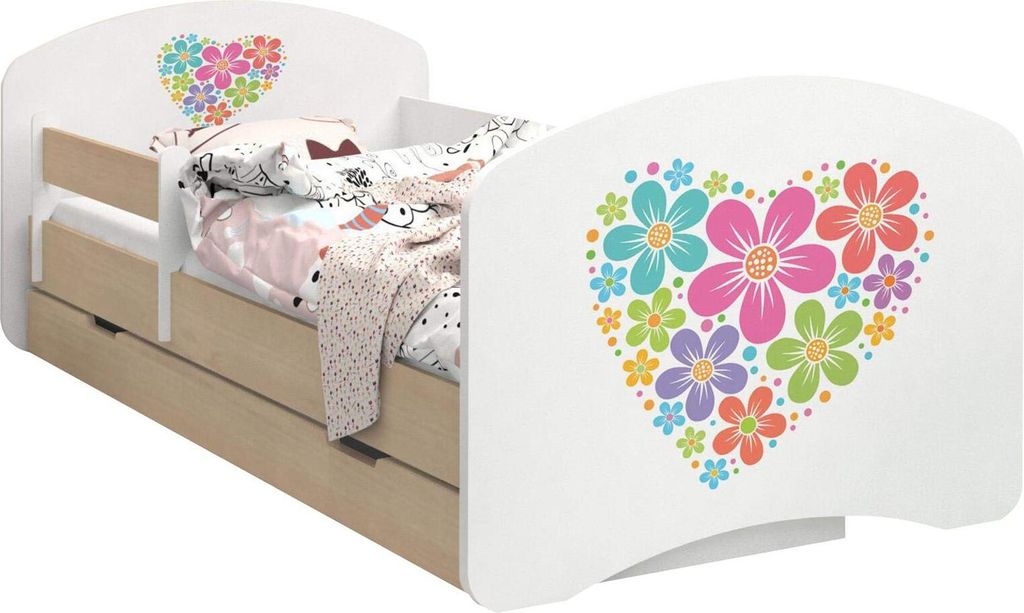 BDW Kinderbett, Doppelseitiges mit Schublade, Herz aus Blumen, 160/80