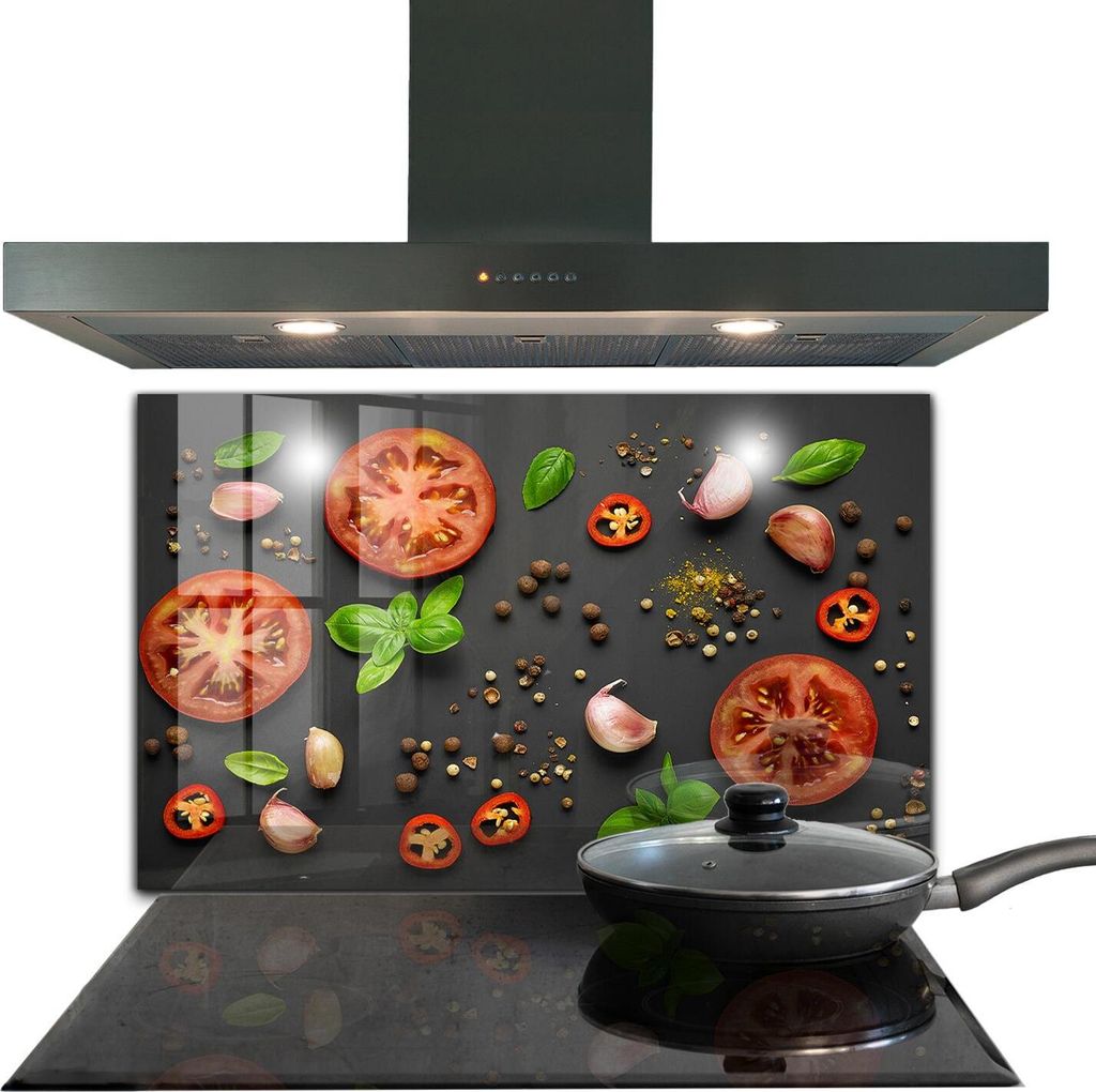 Spritzschutz aus Glas Küchenrückwand - Wandschutz für Herd und Spüle - 100x70 cm - Italienische Küche Basilikum-Tomaten