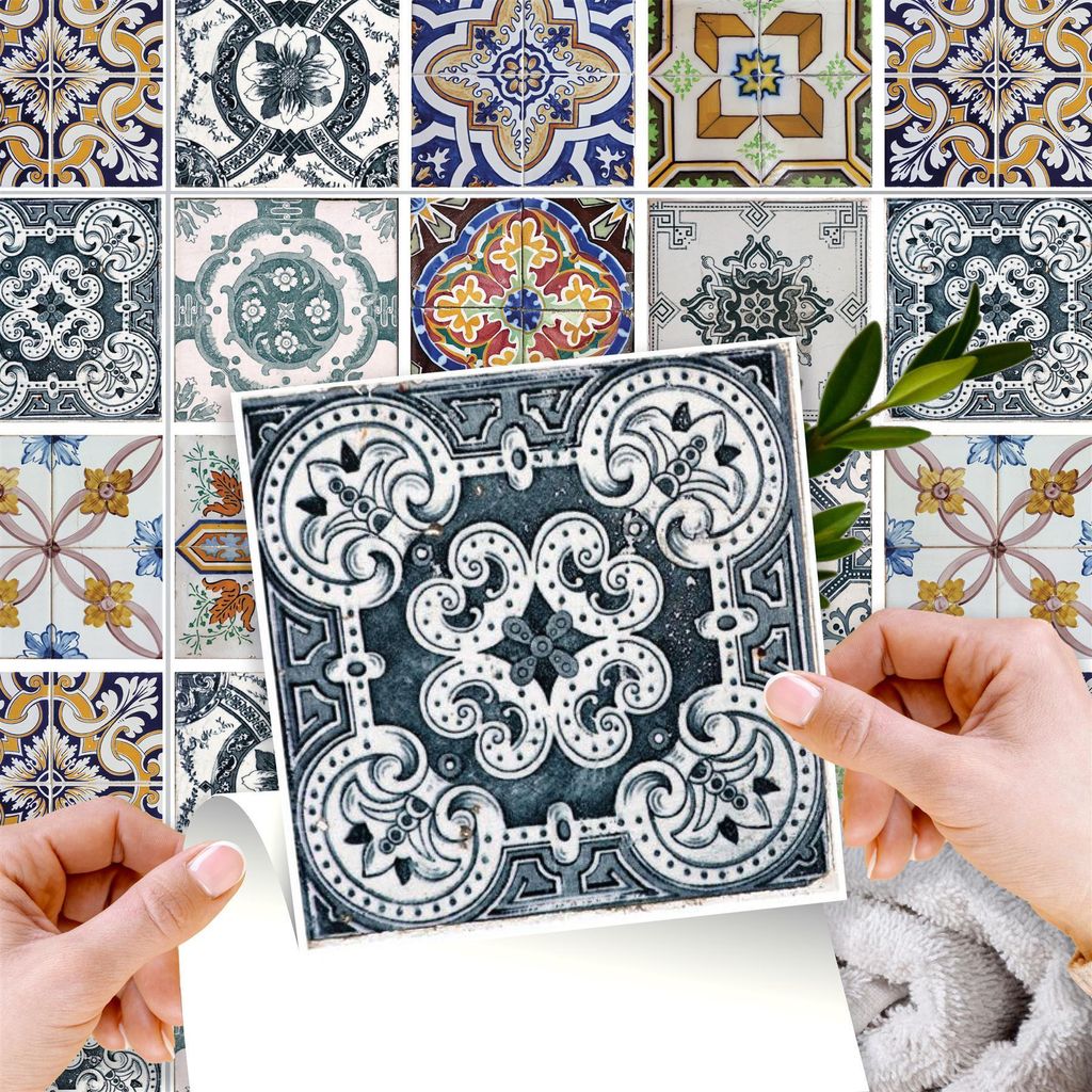 WALPLUS 24 PCS Küche Backsplash selbstklebende Aufkleber 15x15cm Korfu Bunten Mediterranen Wandfliese Aufkleber Wasserdicht Fliese Aufkleber Folie...