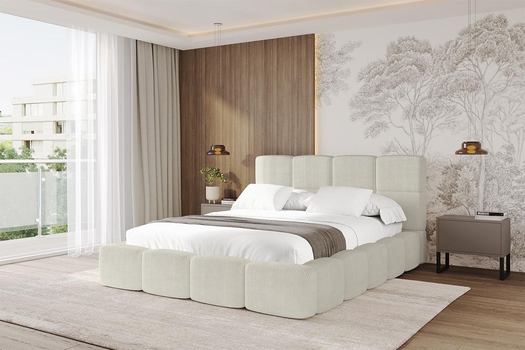 ALTDECOR Polsterbett mit Bettkasten - NATA 200x200 Creme, Bett mit Kopfteil, Boxbett mit Matratze H3/H4, Doppelbett mit Stauraum