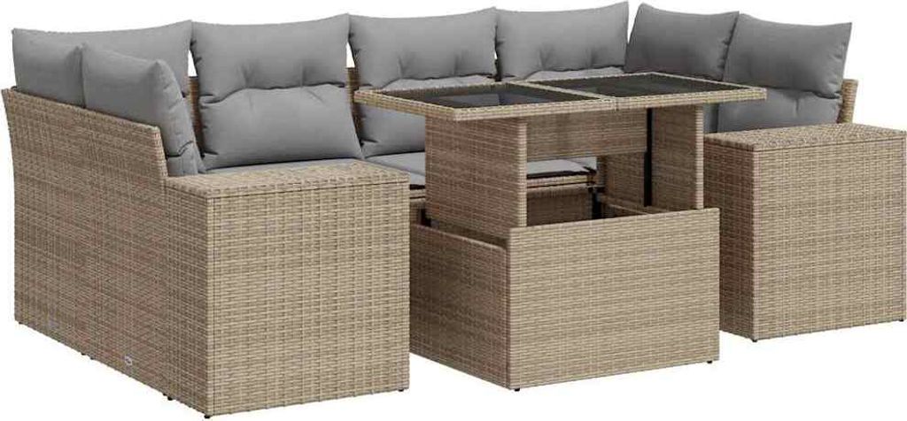 7-tlg. Garten-Sofagarnitur mit Kissen Beige Poly Rattan