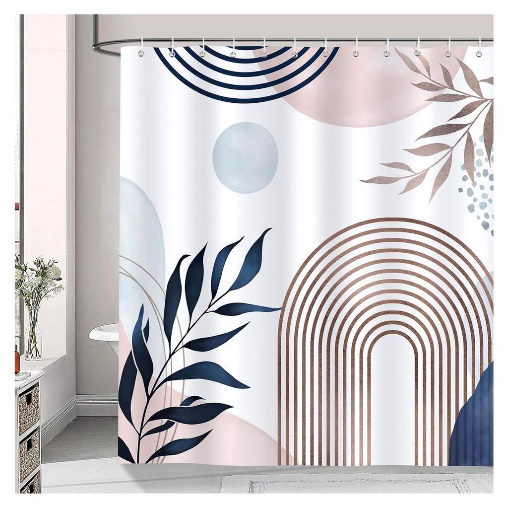 Duschvorhang Abstrakt Boho Bogen Blätter Rosa Blau 180 x 180 cm Wasserdicht Anti-Schimmel Polyester Waschbar