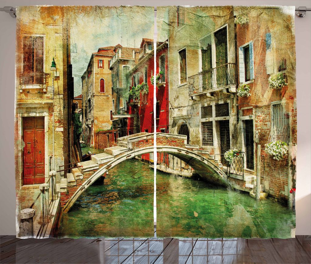 ABAKUHAUS Venedig Rustikaler Gardine, Historische Landschaft Kunst, Schlafzimmer Kräuselband Vorhang mit Schlaufen und Haken, 280 x 245 cm, Hellbr...