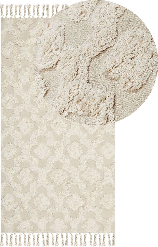 BELIANI Teppich Hellbeige Baumwolle Rechteckig 80 x 150 cm Geometrisches Muster Fransen Handgetuftet Boho Kurzhaar Fußbodenheizung Geeignet Läufer